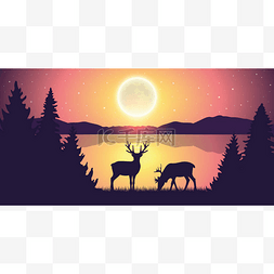 两只驯鹿在湖边，晚上满月和星空