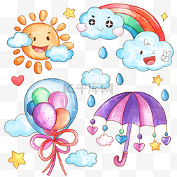 卡通云雨太阳图片_雨天彩虹气球卡通水彩画