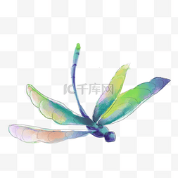 展翅飞翔图案图片_水彩风格蓝绿蜻蜓