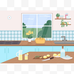 室内卡通图片_厨房计数器平面彩色矢量插图.切