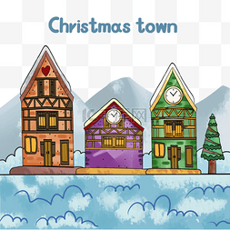 水彩风格圣诞小镇复古的