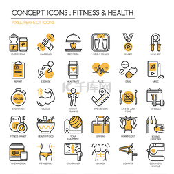 健身与健康，细线图标集，像素完