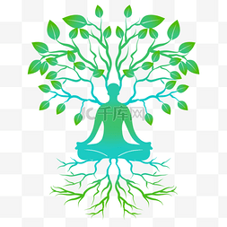 绿色树叶根系瑜伽人物和树