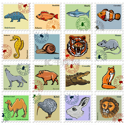 狐狸狮子图片_矢量与不同的动物邮票一套
