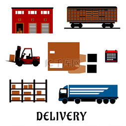 送货服务平面图标与仓库建筑、货