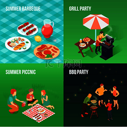绿色生活图片_家庭野餐等距概念与吃草、烧烤派