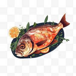 卡通手绘烤鱼料理