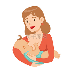 牛奶卡通可爱图片_年轻妈妈母乳喂养宝宝母乳，姹紫