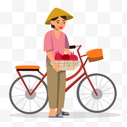 水果自行车素材图片_越南老妇人和自行车卡通剪贴画