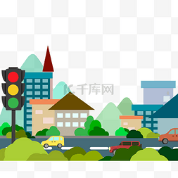 交通道路交通图片_交通安全日扁平风红绿灯建筑公路