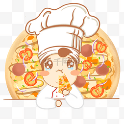 吃货节美味披萨图片_橙色系卡通美味吃货厨师吃披萨