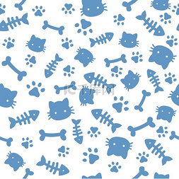 矢量猫狗图片_猫童图案蓝色爪子动物的脚印和骨