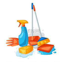 整洁卫生图片_带清洁用品的客房清洁背景。