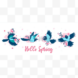 樱花图片_有喜鹊和樱花的横幅。订阅Hello Spr