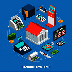 蓝色办公楼图片_蓝色背景下的银行系统等距圆形构
