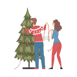 新年漫画图片_家居装饰圣诞树配园、男人和女人