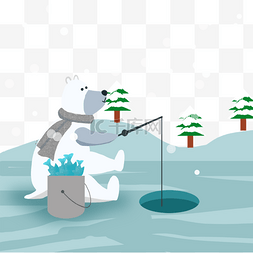 冬季创意海报图片_熊圣诞节冰上钓鱼插画