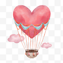 水彩红色天空图片_完美浪漫情人节热气球