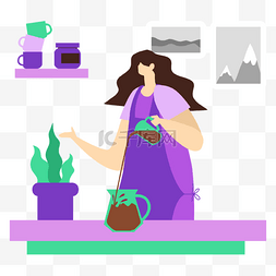 女性体态图片_咖啡师咖啡制作植物盆栽插画