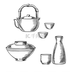 喝汤的图片_日本餐具素描图标配有清酒陶瓷套