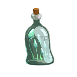 玻璃瓶装药图片_药水瓶矢量图标，带发光蘑菇的玻