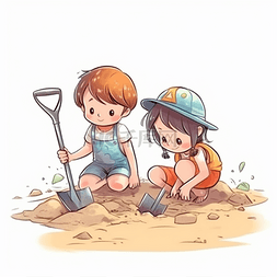 卡通出游图片_小朋友夏日海边玩泥沙