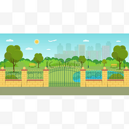 公园里的大门和栅栏。夏季景观。