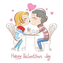 接吻的情侣卡通图片_情人节贺卡-男孩和女孩在咖啡馆