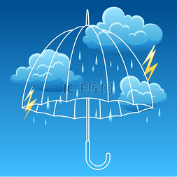 卡通云多图片_雷暴背景伞云雨和闪电的插图背景