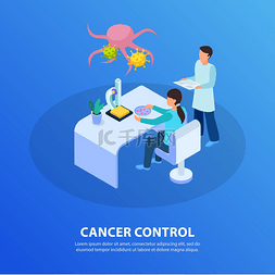 护理符号图片_癌症控制等距蓝色背景符号组合与