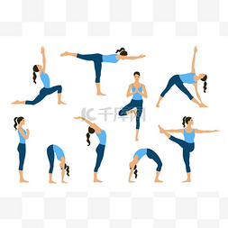 设置的瑜伽姿势。年轻妇女做瑜伽