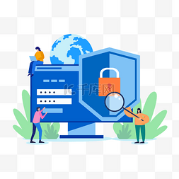 电脑数据图片_电脑显示器盾牌数据安全商务插画