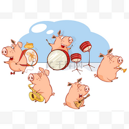 animals图片_Illustration of cute pig characters playing m