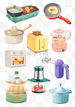 厨房用品保鲜膜图片_手绘水彩厨房用品烹饪器具合集手