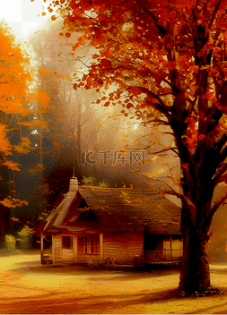秋季的小木屋水墨