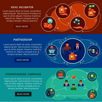 众筹3个平面横幅网页设计包含创意孵化合作伙伴关系和众筹活动矢
