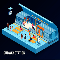 地铁站素材图片_等距概念与地下地铁站和坐在火车