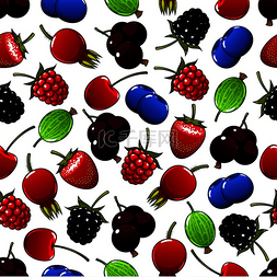 草莓蓝莓树莓图片_甜美的夏季浆果和水果无缝图案背