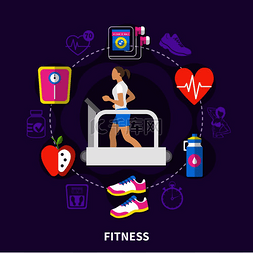 紫色活动背景图图片_健身轮组合与跑步机上的跑步女性