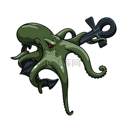 致命危险的灰绿色怪物章鱼卡通符