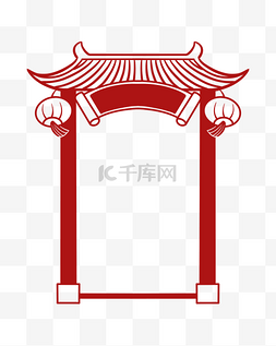 中式建筑剪纸图片_国潮风红色剪纸建筑门头灯笼标题