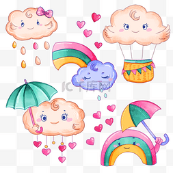 雨天雨滴彩虹可爱云朵组合水彩画