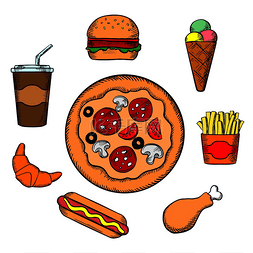 快餐图标包括意大利辣香肠比萨饼