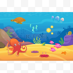 海洋卡通背景图片_水下生活。水族馆动画片鱼海洋和
