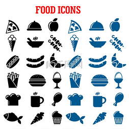 肉和鱼图片_餐厅和快餐平面图标与披萨香肠汉