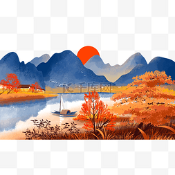 秋天秋景中国风水墨彩墨山水
