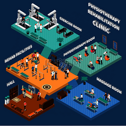彩色理疗康复诊所等轴测室内设有