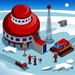 冬天的户外图片_北极极地站，带狗的科学家，履带