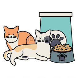 可爱的猫吉祥物与纸袋食品和菜