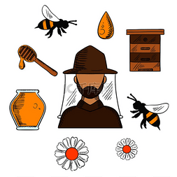 蜂蜜后面图片_养蜂概念与养蜂人在他周围的帽子